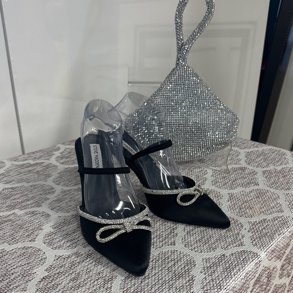 Steve Madden Black Heels with Rhinestone Handbag